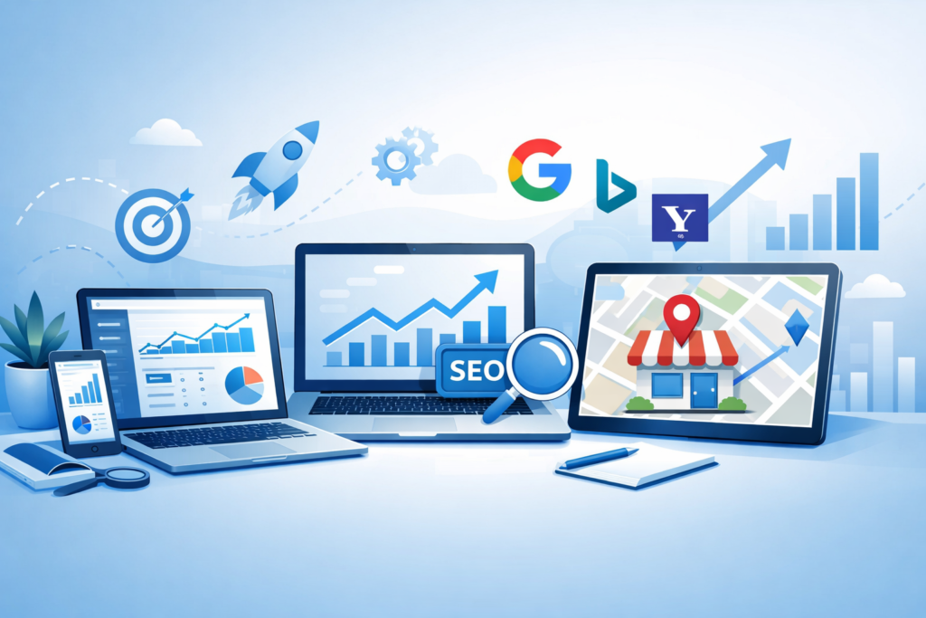Modern SEO services workspace in Begusarai showing laptops with SEO analytics, keyword rankings, growth charts, and local business optimization concepts in a clean blue and white design.